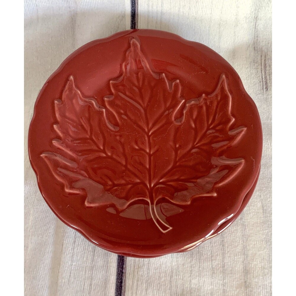 Longaberger Pottery Falling Leaves Plates Set of two Paprika Red Made in USA